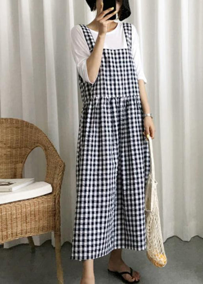 Modern Plaid Linen Cotton Quilting Clothes Spaghetti Strap Cinched Kaftan Dress