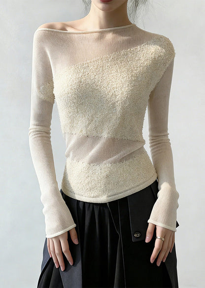 White Cold Shoulder Patchwork Knit Sweaters Spring