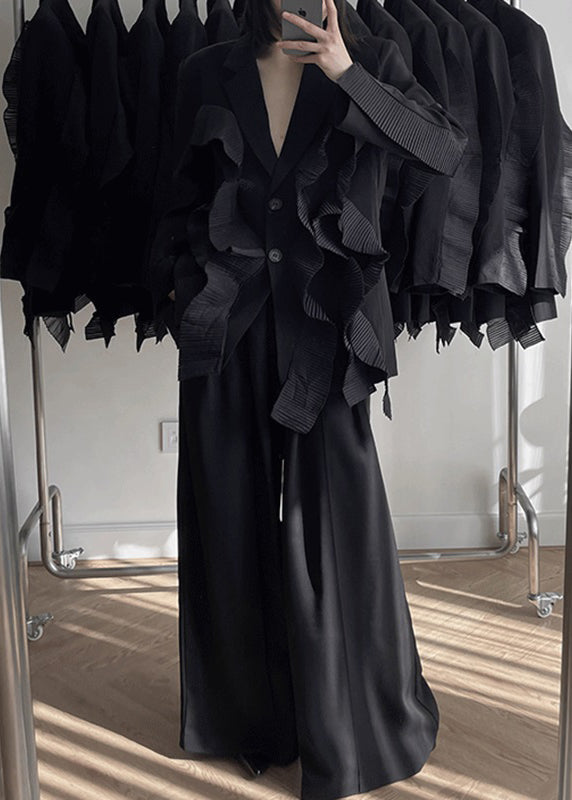 Unique Black V Neck Patchwork Coats and Wide Leg Pants Two Piece Set Long Sleeve