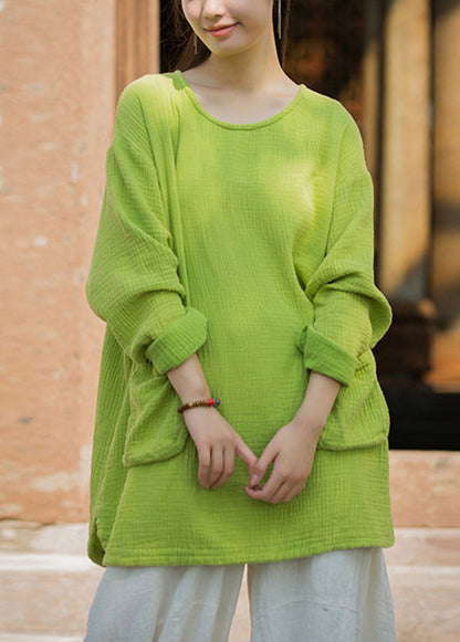 Green O Neck Pockets Cotton T Shirt Top Spring