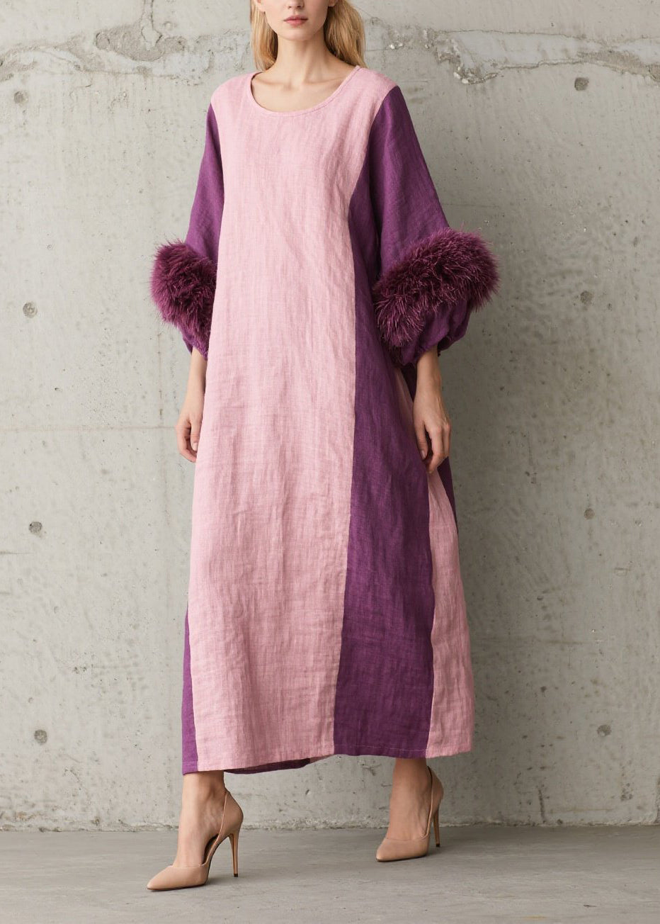 Colorblock Fuzzy Fur Patchwork Cotton Dresses Fall