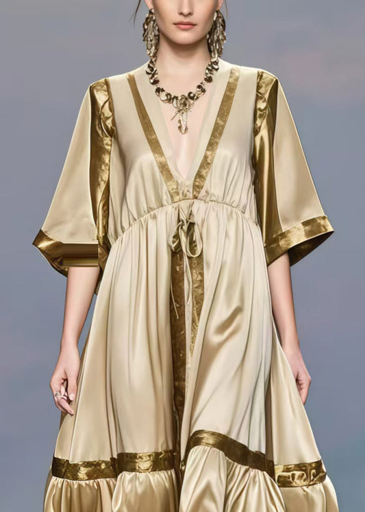 Khaki V Neck Patchwork Exra Large Hem Silk Long Dress Half Sleeve