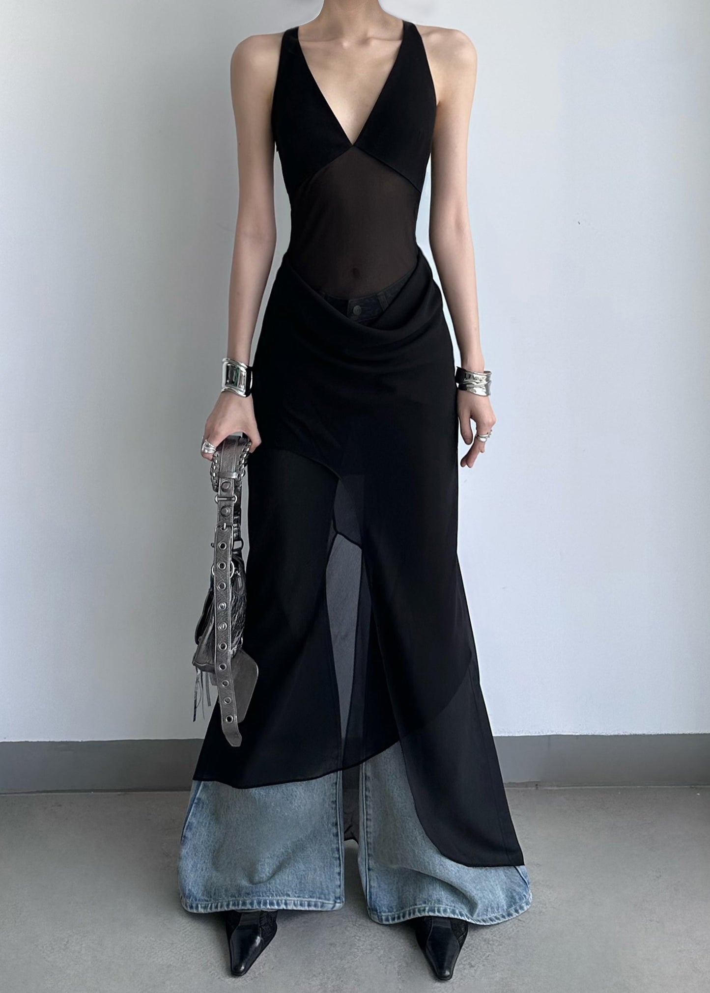 Black V Neck Backless Patchwork Chiffon Dress Summer