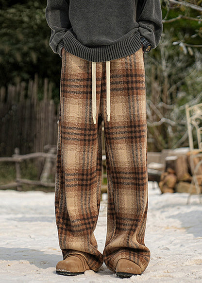 New Black Plaid Pockets Warm Fleece Pants Winter