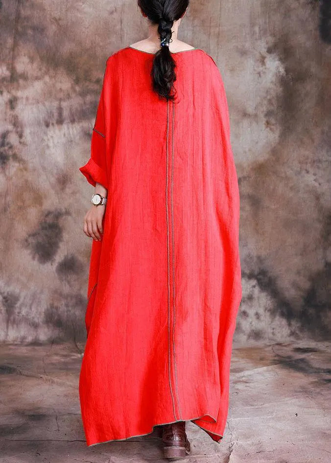Diy Red Linen Dresses Patchwork Loose Fall Dresses