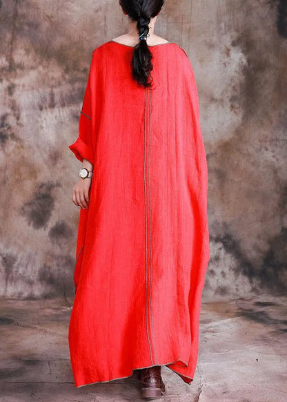 Diy Red Linen Dresses Patchwork Loose Fall Dresses