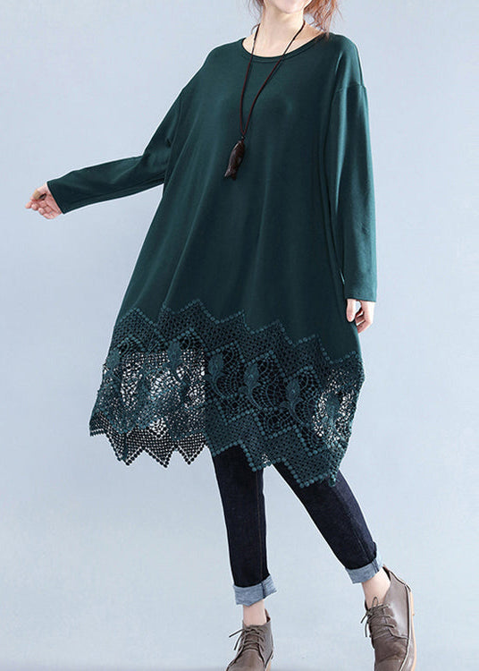 New Blackish Green Cotton Shift Dress Plussize Cotton Clothing Dresses Lace Ruffles Long Sleeve Cotton Dresses