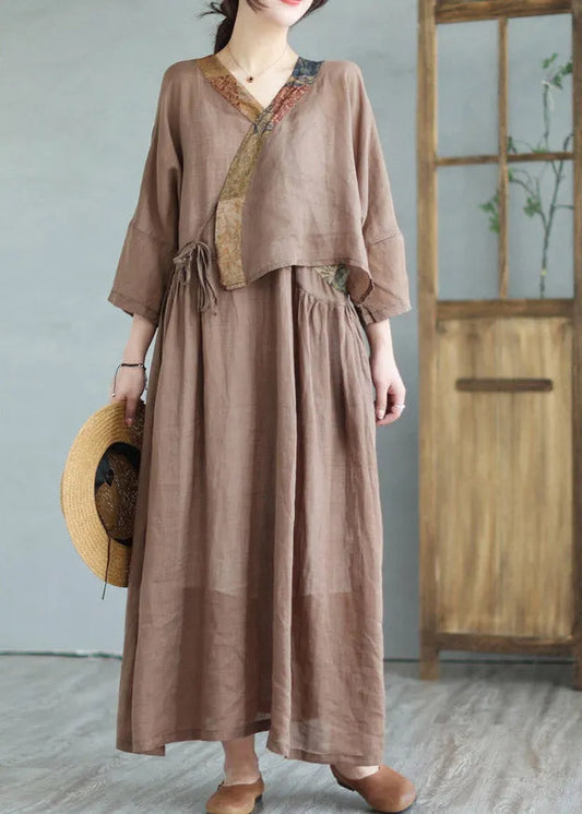 Coffee Print Tie Waist Linen Linen Top and Maxi Skirts Half Sleeve