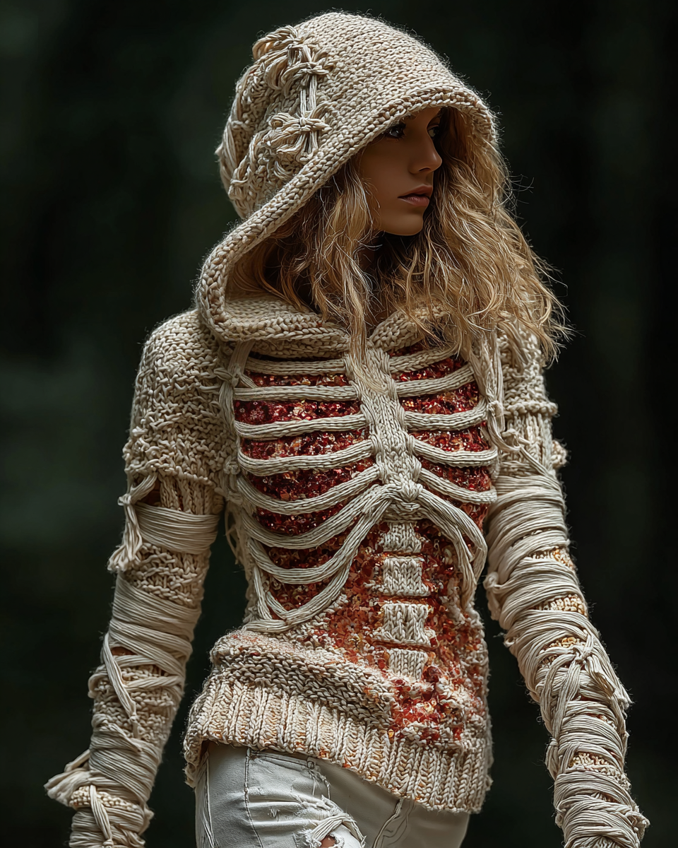 Comstylish Halloween Skeleton Bandages Art Women's Knit Hooded Sweater