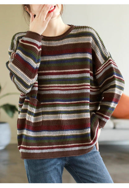 Colorful Red Striped Cotton Knitted Sweater