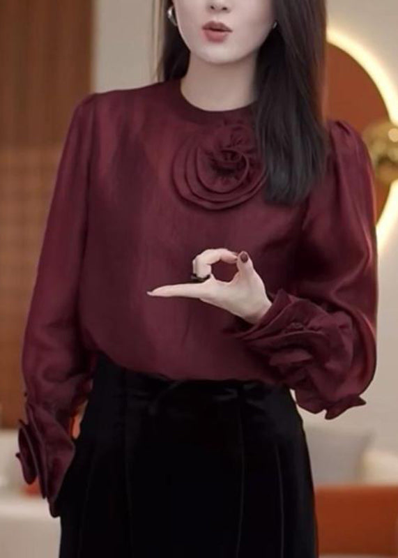 French Mulberry O-neck Silk Velour Top Spring