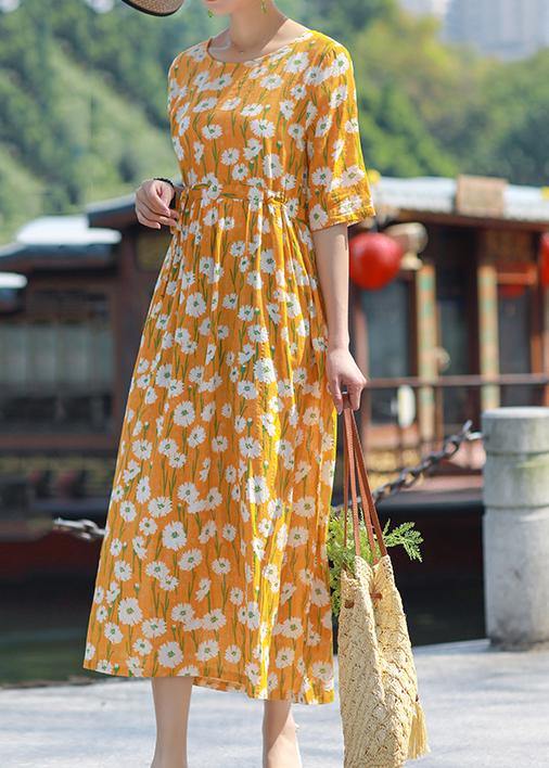 Handmade O Neck Drawstring Cotton Yellow Print Maxi Dress Summer