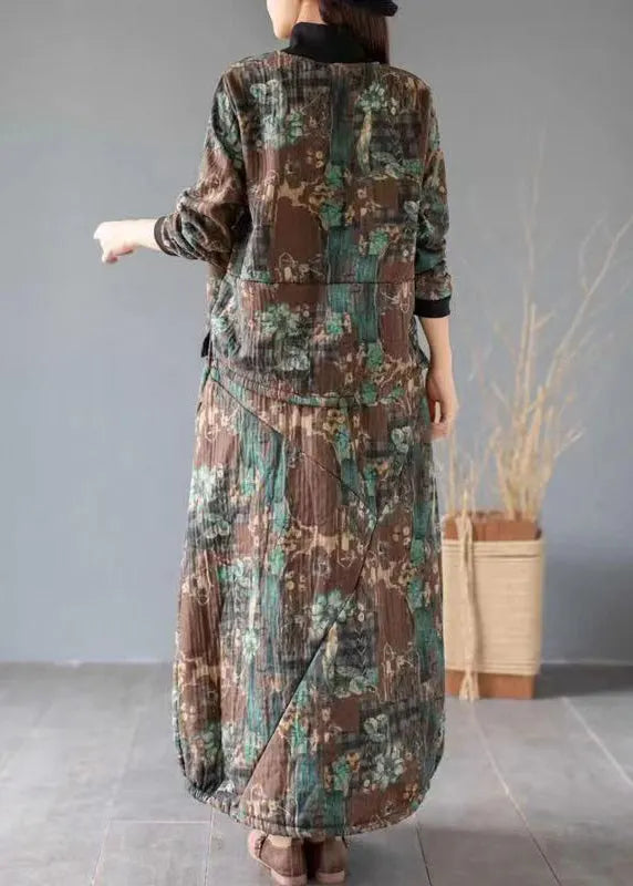 Green Print Pockets Tops and Skirts Cotton Two Piece Set Fall