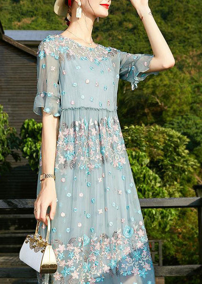 Blue O-neck Embroidered Ruffled Silk Vacation Dresses Short Sleeve