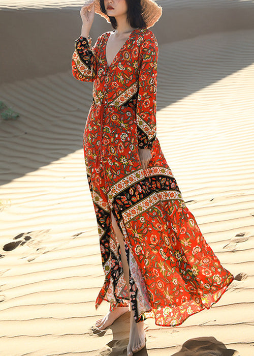 Red Print Lace Up Pockets Long Dress Fall
