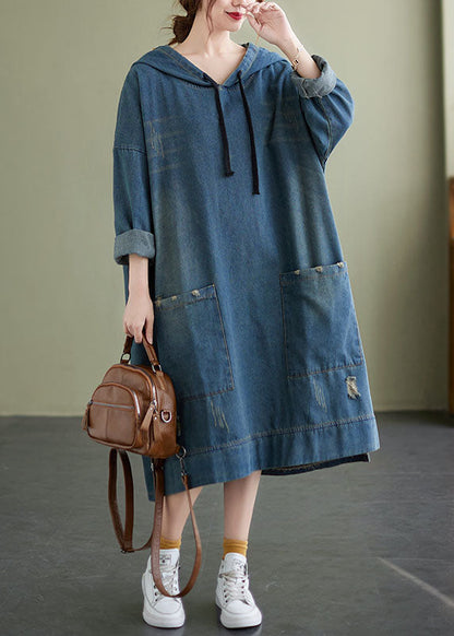 Blue Hooded Drawstring Denim Dress