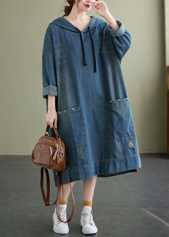 Blue Hooded Drawstring Denim Dress