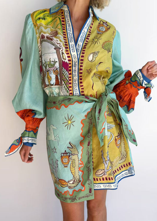 Asymmetrical Print Lace Up Cotton Dress Long Sleeve
