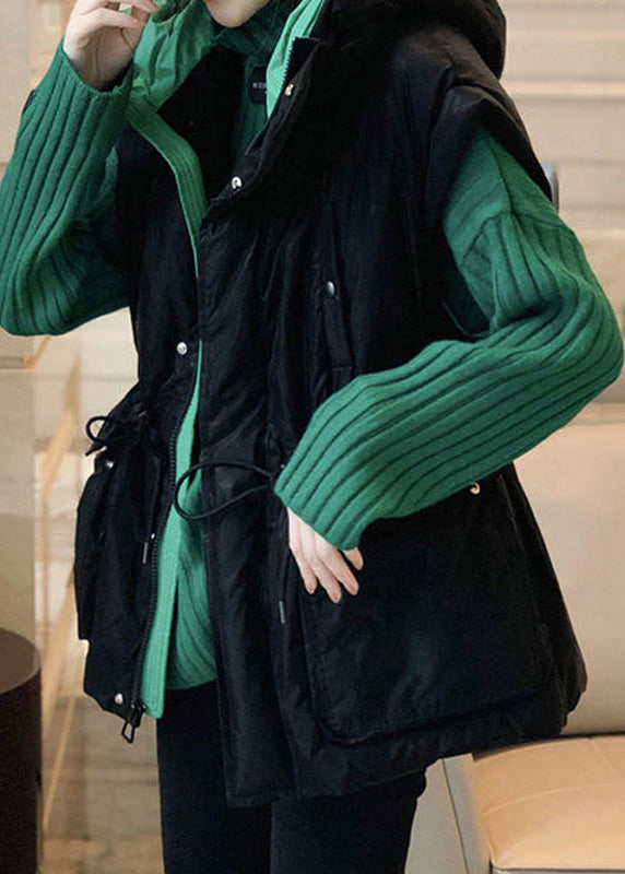 Loose Black Waistcoat and Green Sweaters Cotton Filled Two Pieces Set Sleeveless
