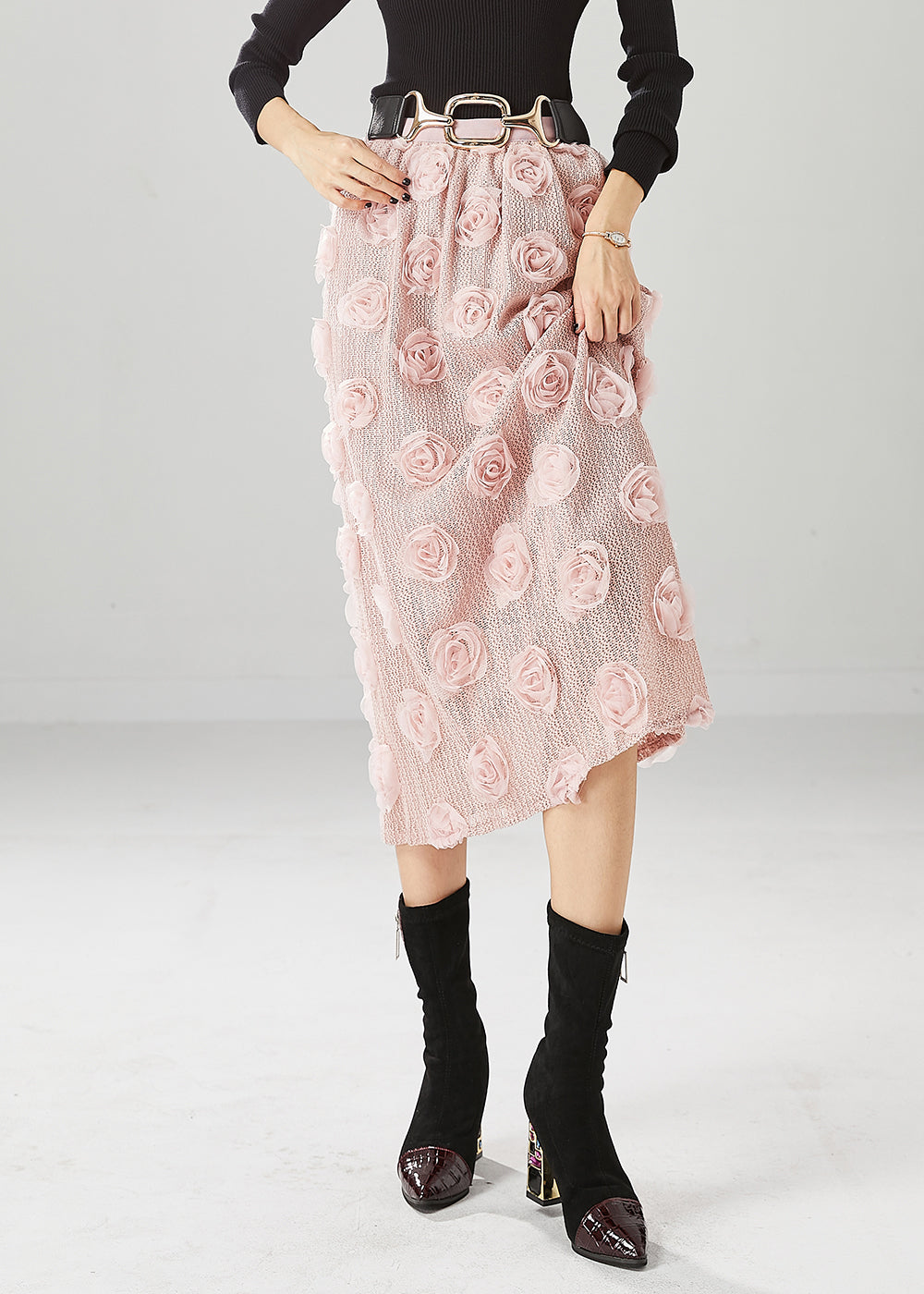 Pink Silm Fit Knit Skirts Three-dimensional Fall