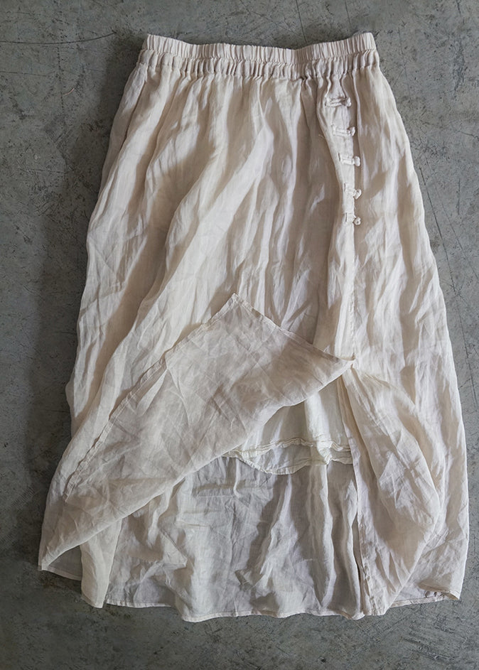 Beige Linen Skirts Elastic Waist Button Asymmetrical Design Spring