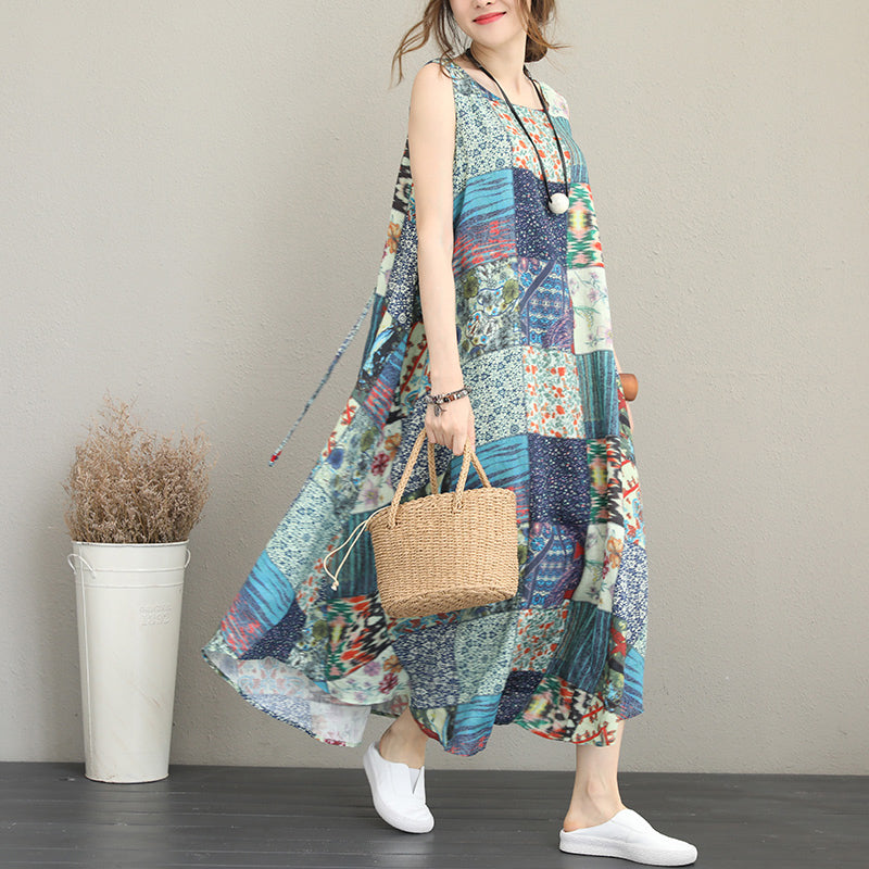 Baggy Patchwork Prints Linen Dresses Loose Fitting Sleeveless Traveling Clothing Big Hem Linen Caftans