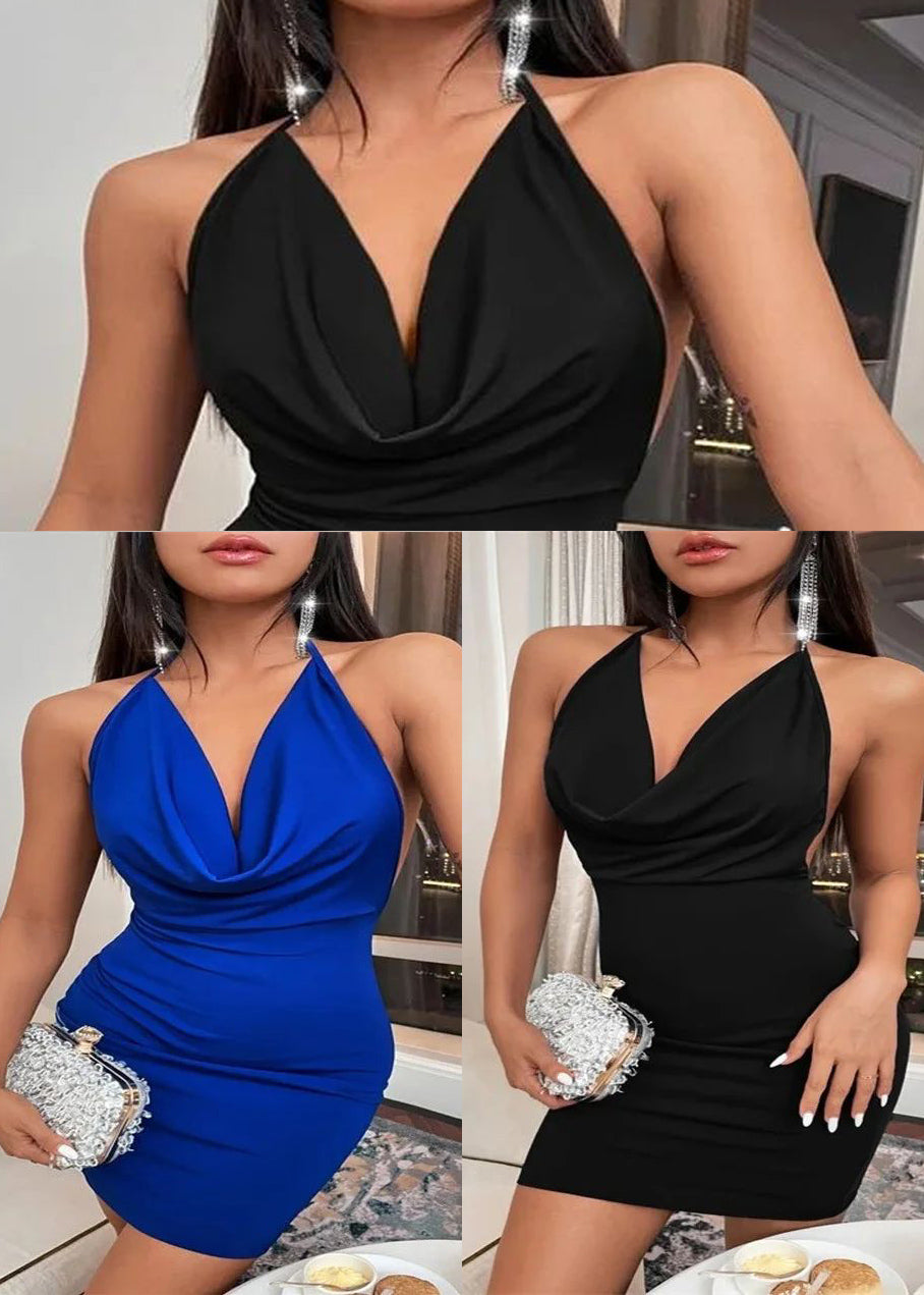 Blue Backless Wraped Halter Dress Summer