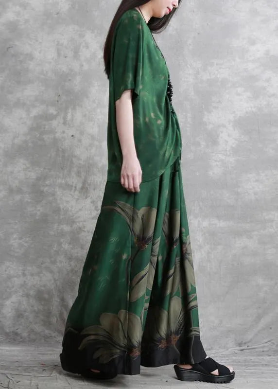 20 Summer Retro Suit Female Green V-neck Five-point Sleeve Shirt + Big Swing Skirt Pants