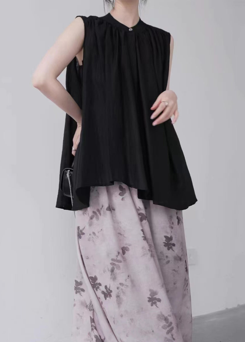 Organic Black Stand Collar Cotton a Line Shirt Sleeveless