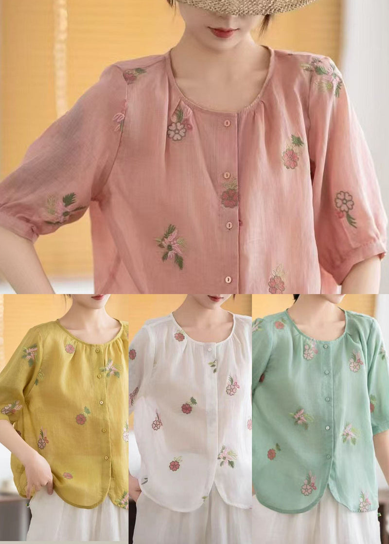 Simple White Embroidered Linen Shirt Half Sleeve