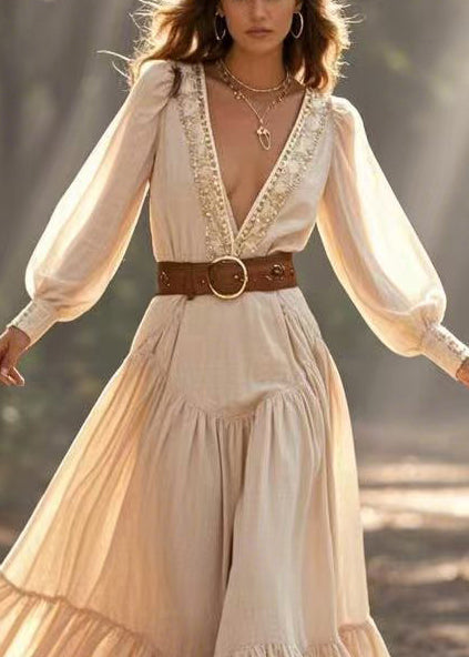 Natural Beige Deep-v Neck Exra Large Hem Cinched Dress Spring