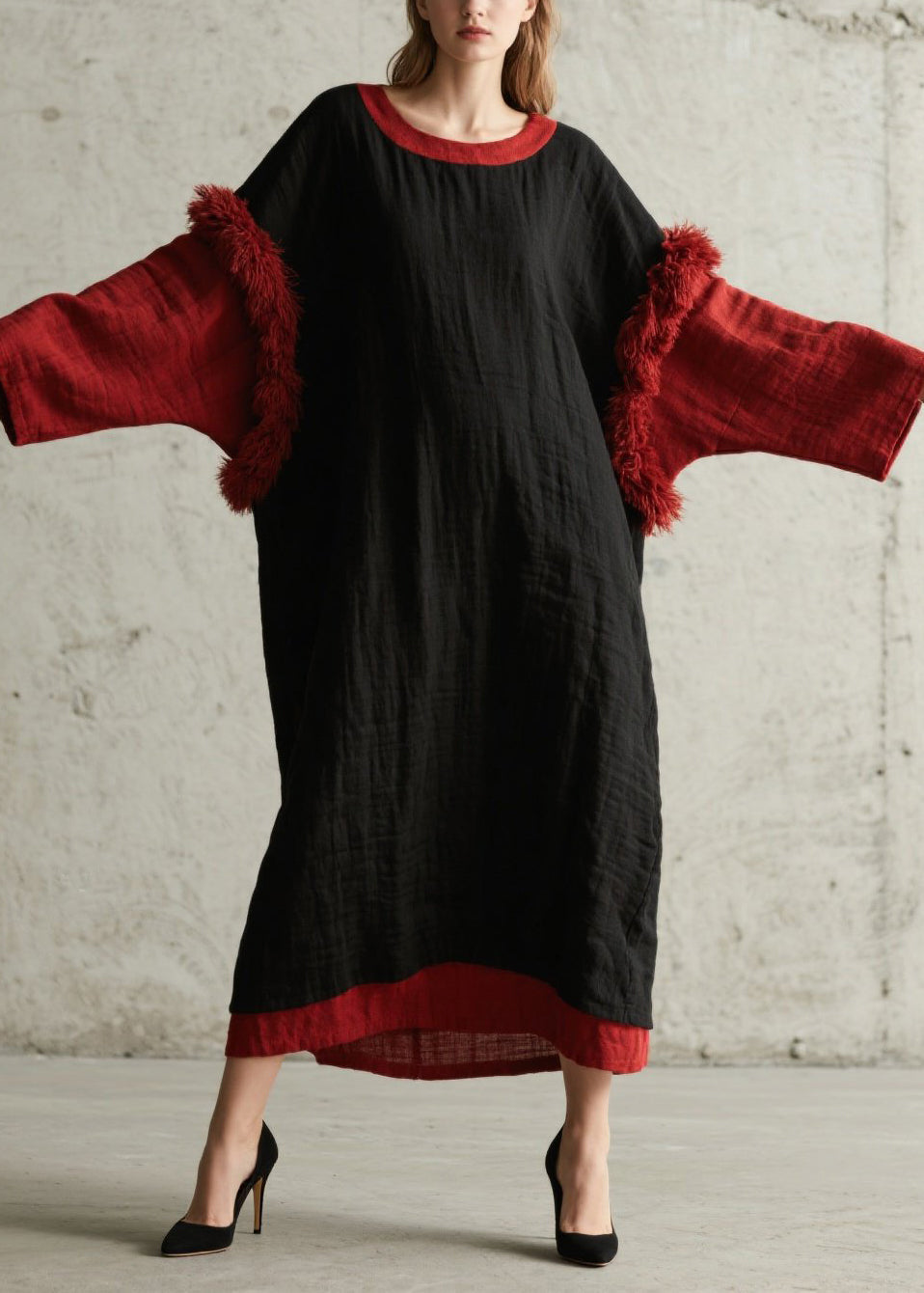 Black Oversized Patchwork Faux Fur Maxi Dresses Fall