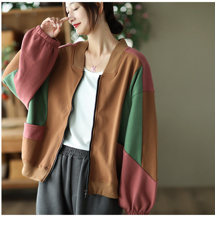 Retro Color-blocking Loose Long-sleeved Literary Jacket