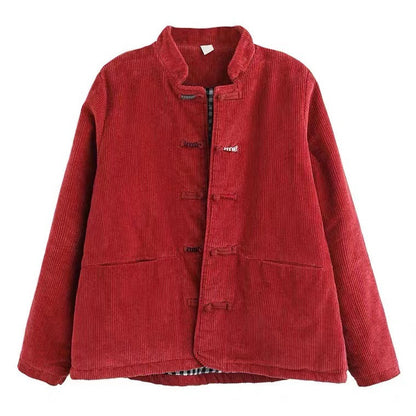 Stand Collar Corduroy Buckle Stripe Thermal Jacket