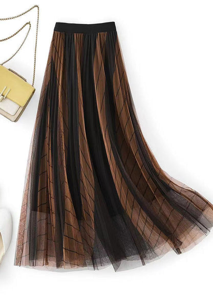Coffee Gradient Elastic Waist Pleated Skirt Spring