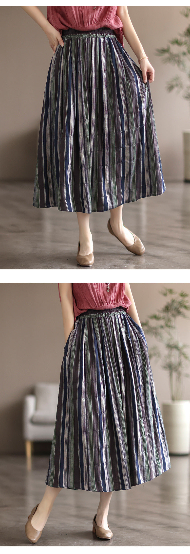 Literary Colorblock Striped A-line Skirt
