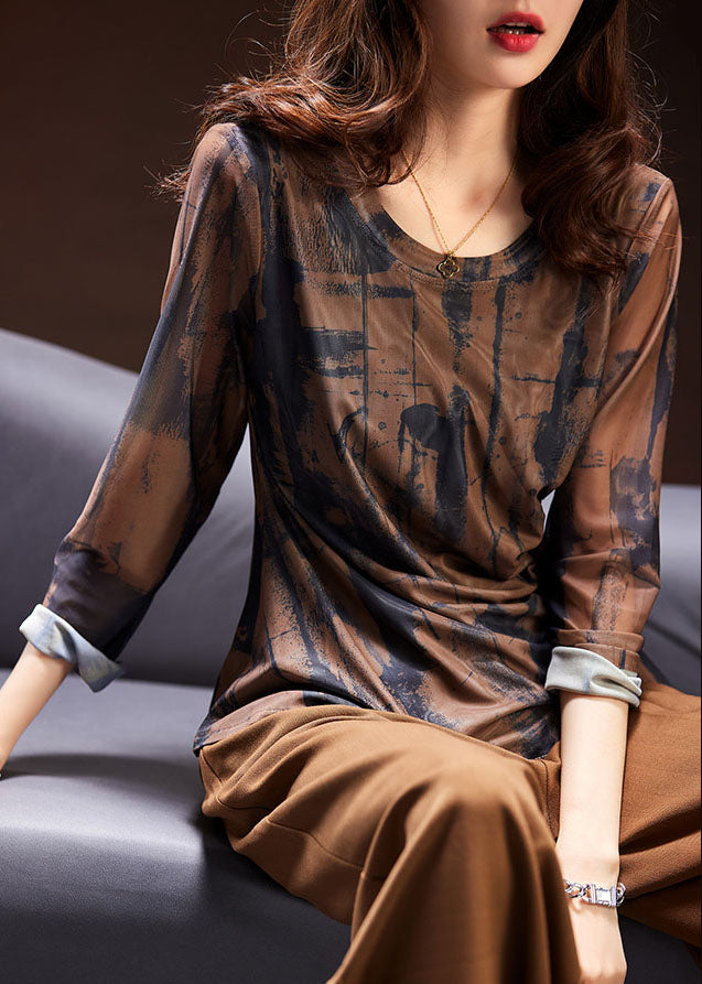 Coffee Print Asymmetrical Wrinkled Top Long Sleeve