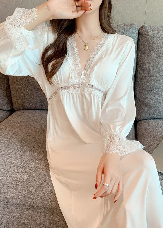 White V Neck Lace Patchwork Ice Silk Long Dress Long Sleeve