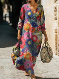 Women's Colorful Flower Art Print Pocket Cotton Dress