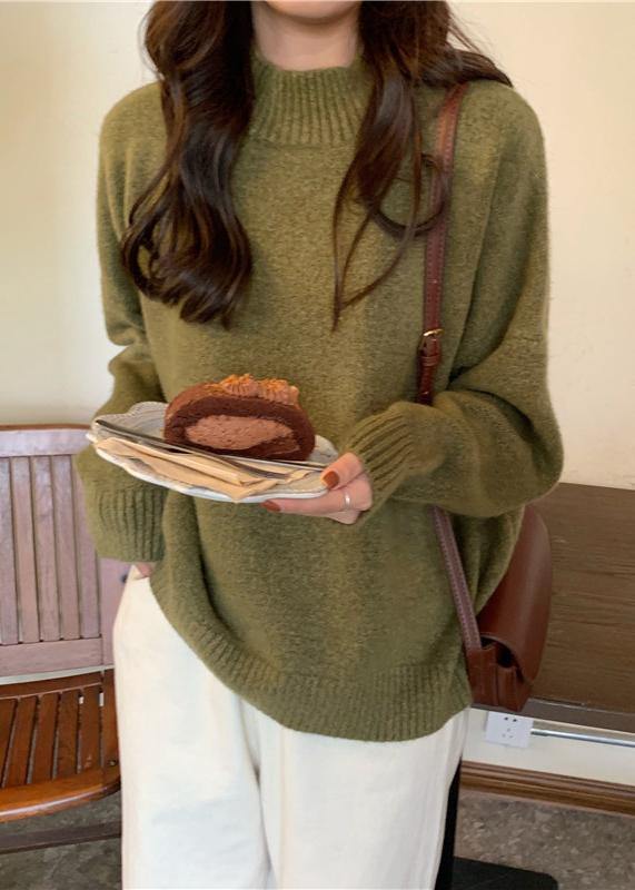 Comfy Fall Green Knit Sweat Tops High Neck Knit Blouse