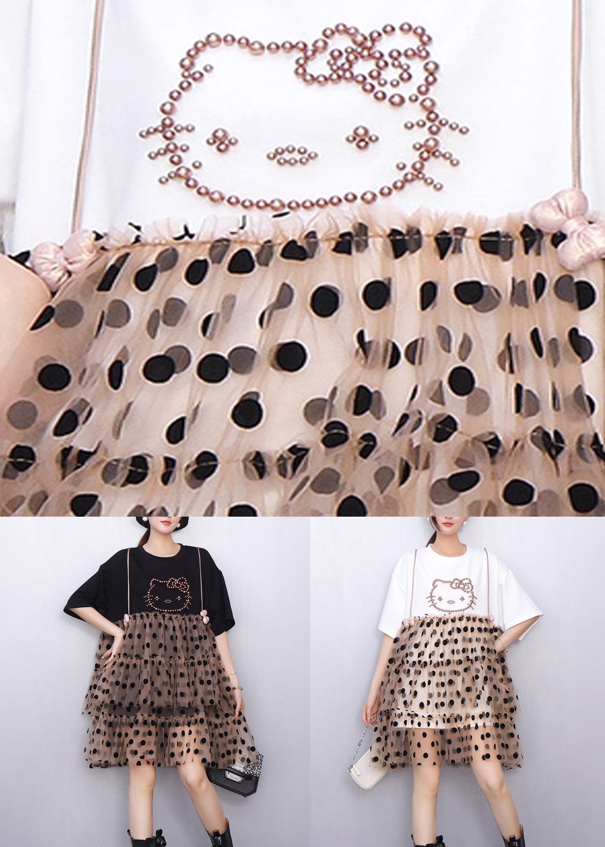 White Ruffled Dot Patchwork Cotton Mid Dress Summer