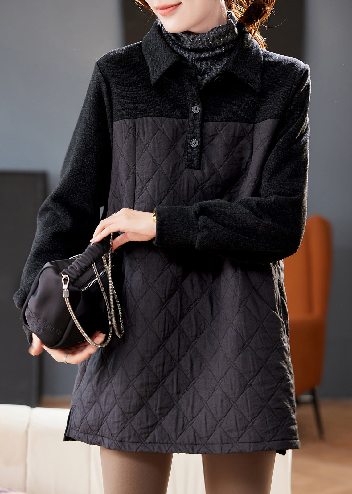 Black Peter Pan Collar Patchwork Plaid Sweatshirt Spring