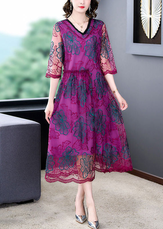 Purple Embroideried Ruffled Tulle Dresses Half Sleeve