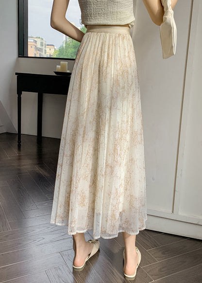 Apricot Print Elastic Waist Chiffon Skirts Summer