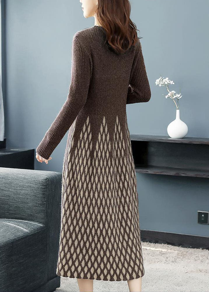 Coffee Plaid Knit Sweater Dress Exra Large Hem Long Sleeve