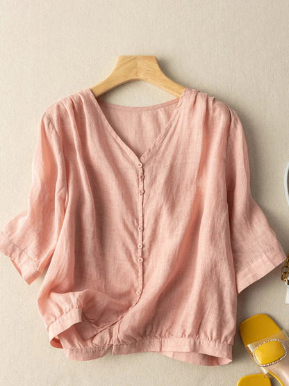 Pure Color V Neck 3/4 Sleeve Linen Shirt Top