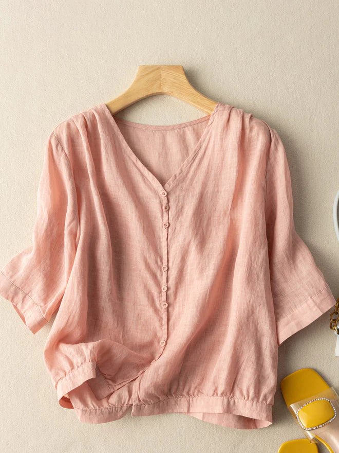 Pure Color V Neck 3/4 Sleeve Linen Shirt Top
