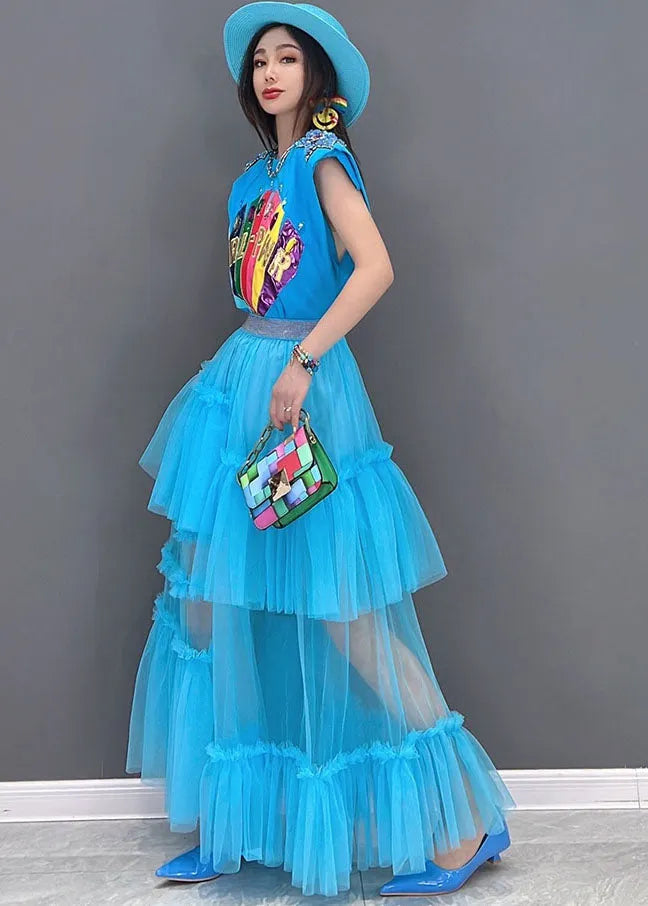French Blue Applique Ruffled Patchwork Tank Top and Handmade Tulle Skirt Two Pieces Set Summer