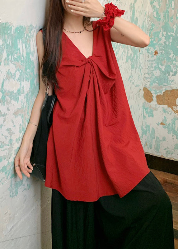 Red V Neck Wrinkled Top Sleeveless