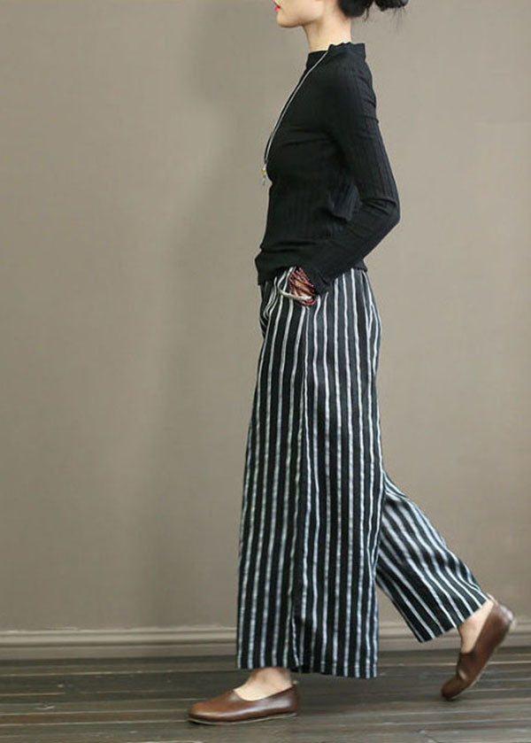 Black Striped Linen Wide Leg Pants Elastic Waist Oversized